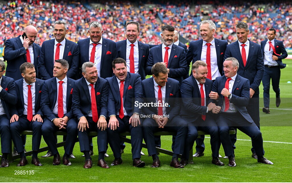 21 July 2024; The Cork hurling jubilee 1999 All Ireland winning team before the GAA Hurling All-Ireland Senior Championship Final between Clare and Cork at Croke Park in Dublin. Photo by David Fitzgerald/Sportsfile