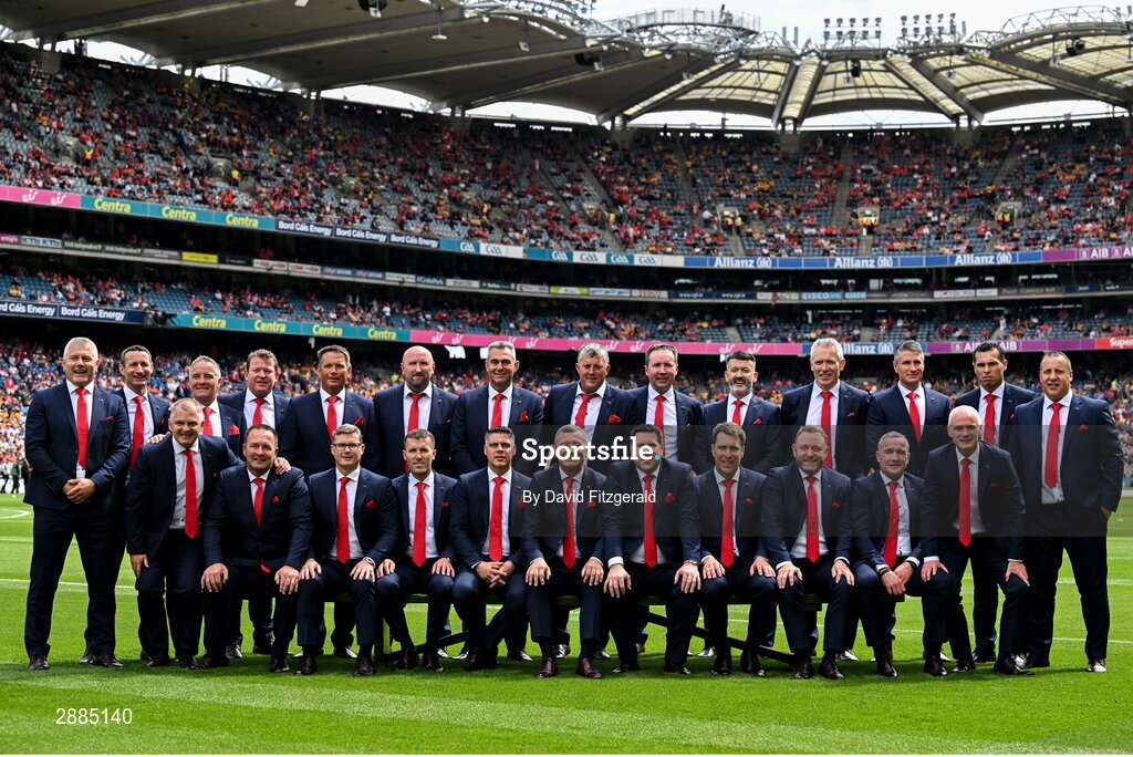 21 July 2024; The Cork hurling jubilee 1999 All Ireland winning team before the GAA Hurling All-Ireland Senior Championship Final between Clare and Cork at Croke Park in Dublin. Photo by David Fitzgerald/Sportsfile
