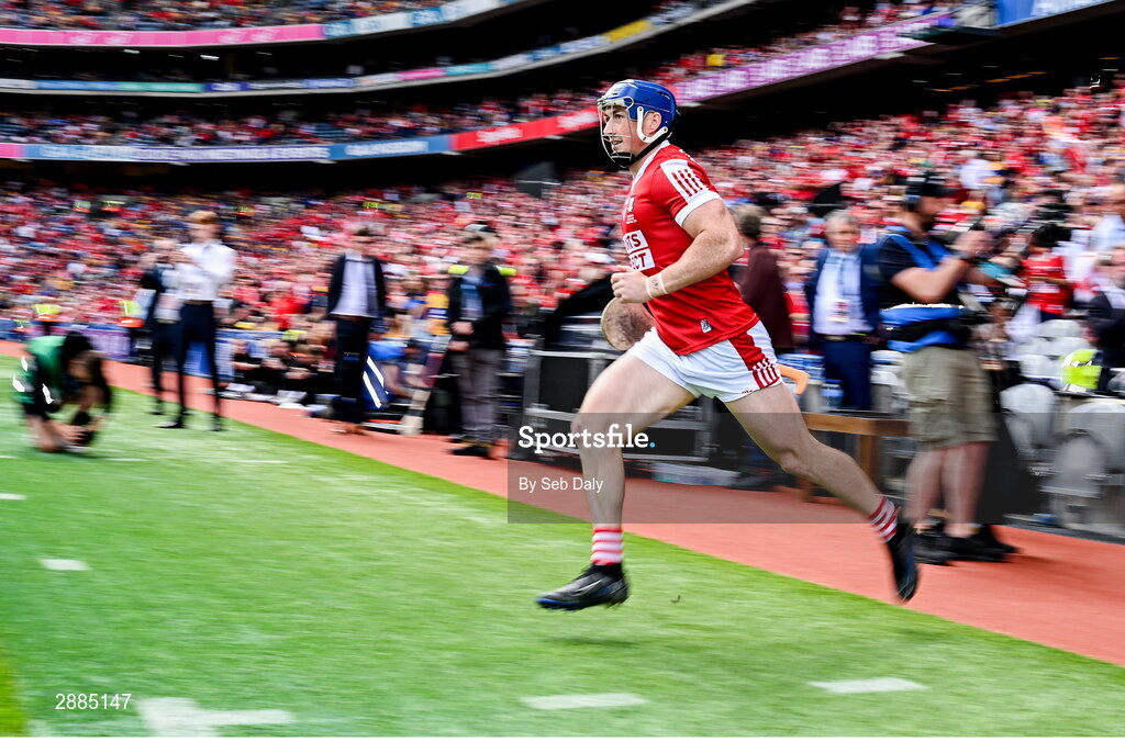21 July 2024; Seán O'Donoghue of Cork leads his side out before the GAA Hurling All-Ireland Senior Championship Final match between Clare and Cork at Croke Park in Dublin. Photo by Seb Daly/Sportsfile
