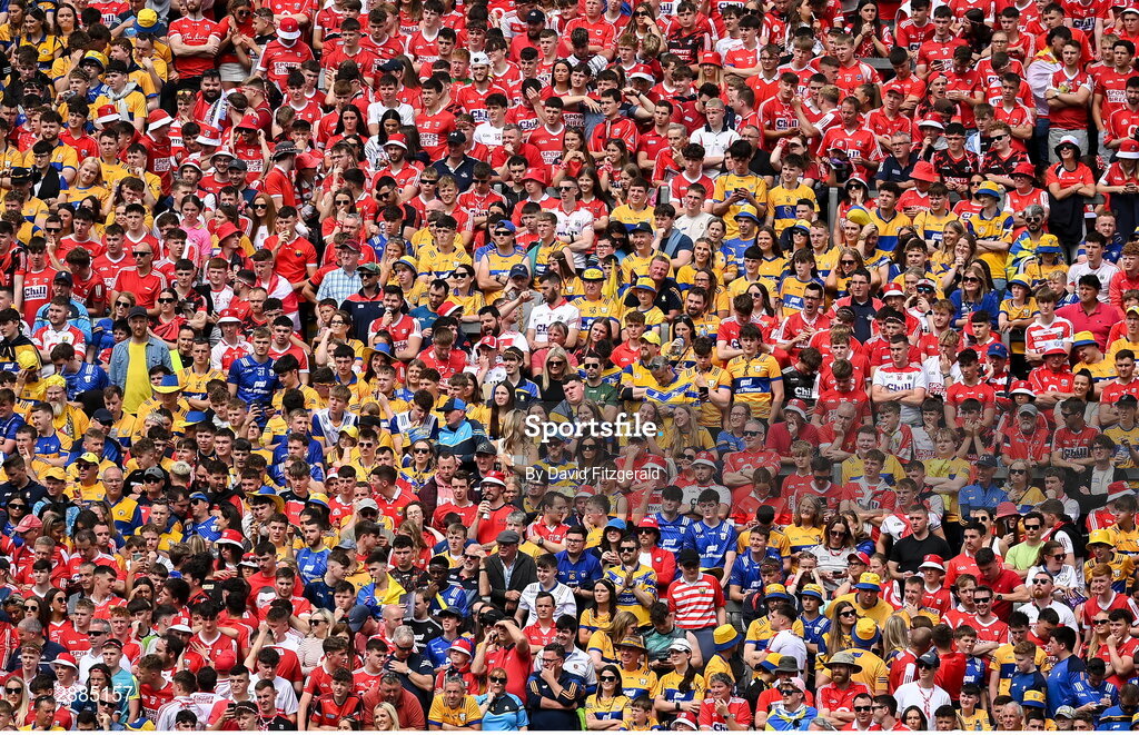 21 July 2024; Supporters on Hill 16 before the GAA Hurling All-Ireland Senior Championship Final between Clare and Cork at Croke Park in Dublin. Photo by David Fitzgerald/Sportsfile