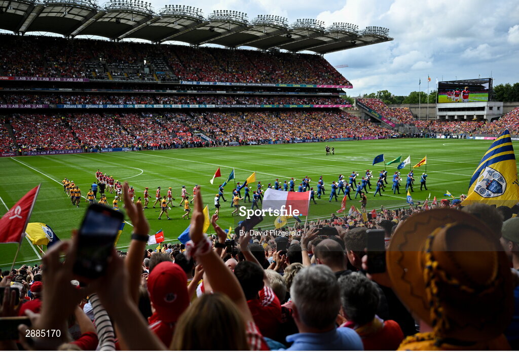 21 July 2024; Both teams march behind the band before the GAA Hurling All-Ireland Senior Championship Final between Clare and Cork at Croke Park in Dublin. Photo by David Fitzgerald/Sportsfile