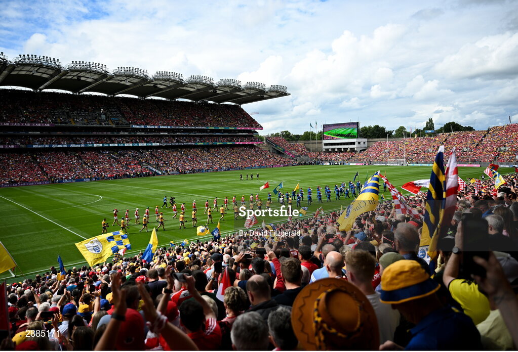 21 July 2024; Both teams march behind the band before the GAA Hurling All-Ireland Senior Championship Final between Clare and Cork at Croke Park in Dublin. Photo by David Fitzgerald/Sportsfile