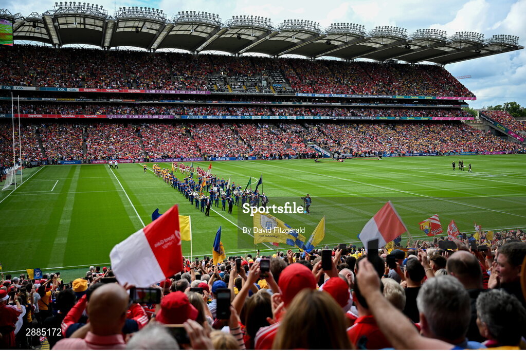 21 July 2024; Both teams march behind the band before the GAA Hurling All-Ireland Senior Championship Final between Clare and Cork at Croke Park in Dublin. Photo by David Fitzgerald/Sportsfile