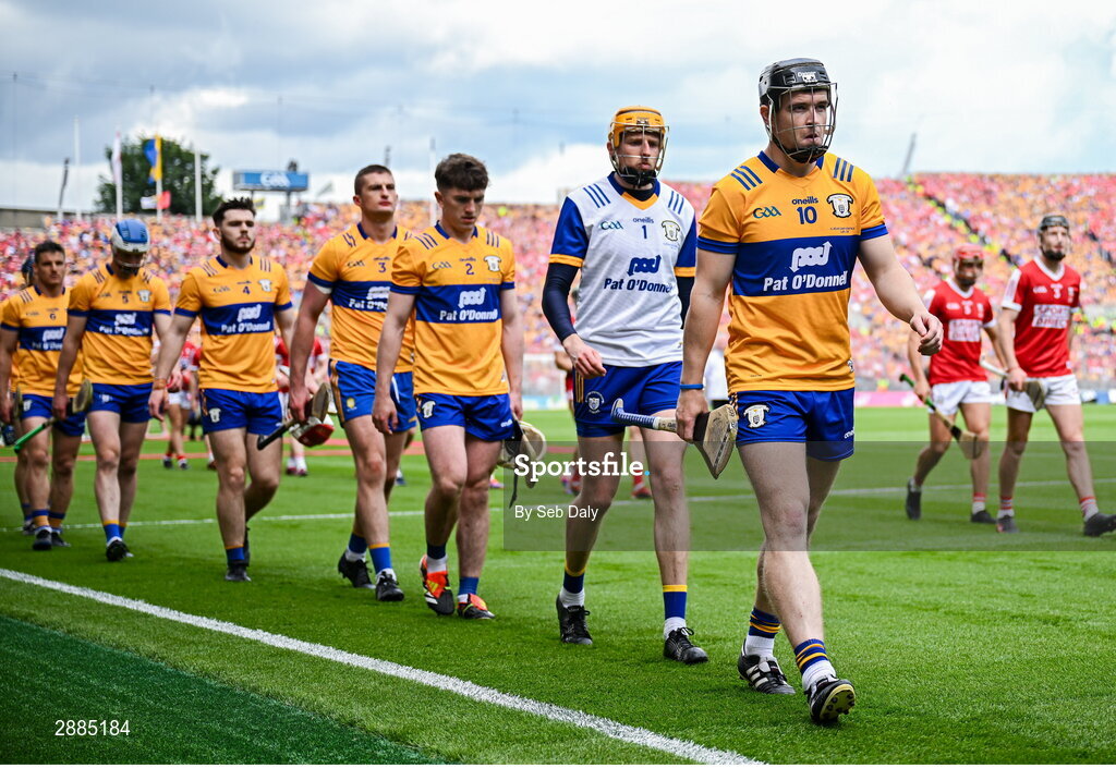 21 July 2024; Clare captain Tony Kelly leads his team during the parade before the GAA Hurling All-Ireland Senior Championship Final match between Clare and Cork at Croke Park in Dublin. Photo by Seb Daly/Sportsfile