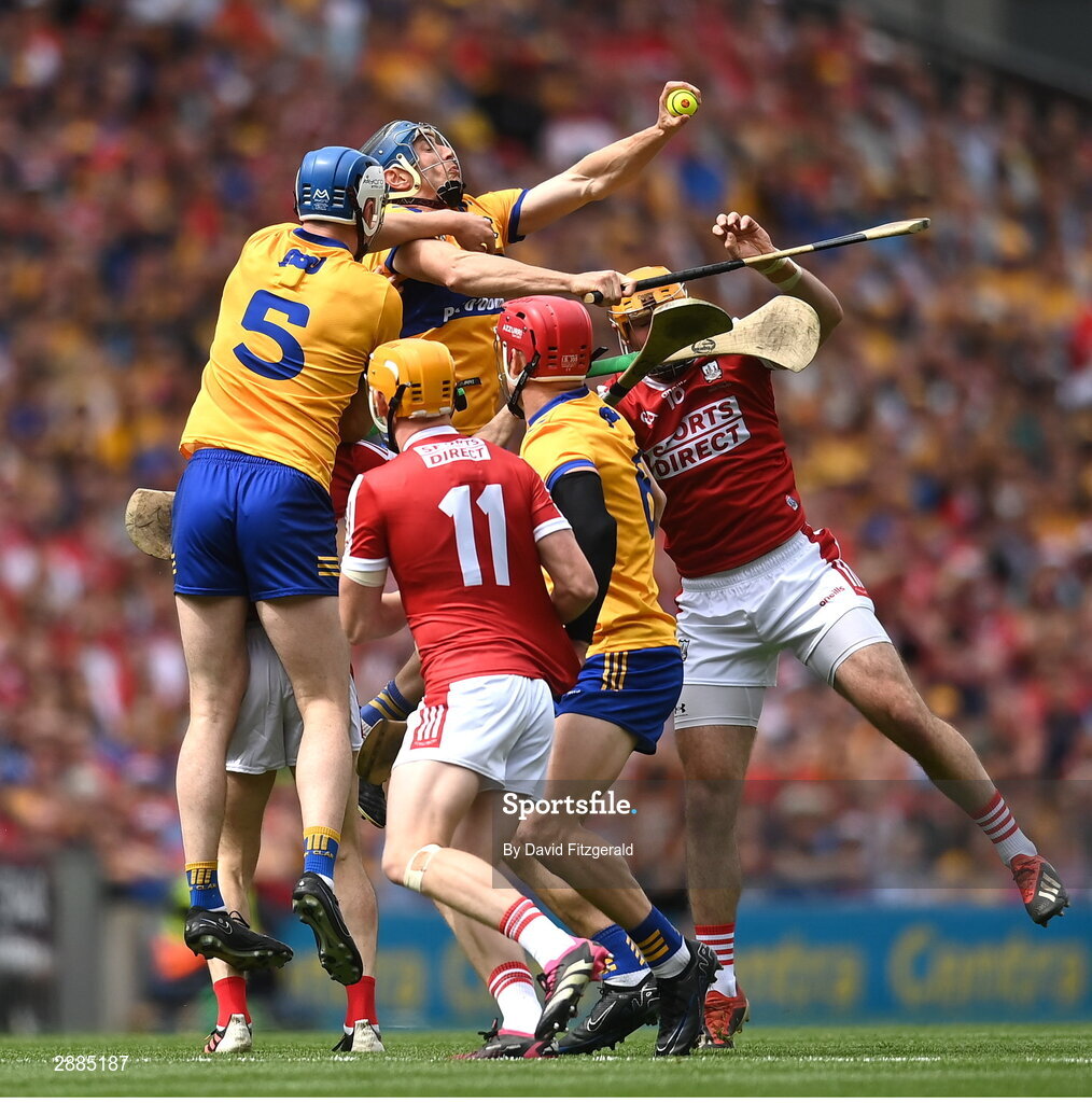 21 July 2024; David McInerney of Clare in action against Declan Dalton of Cork during the GAA Hurling All-Ireland Senior Championship Final between Clare and Cork at Croke Park in Dublin. Photo by David Fitzgerald/Sportsfile