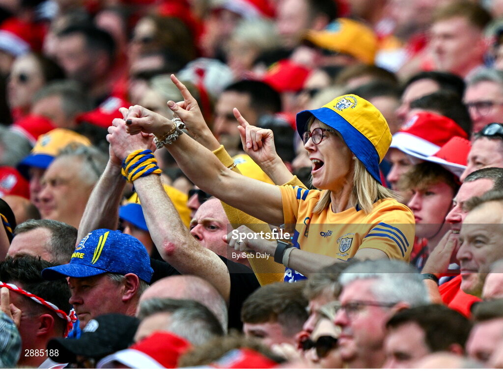 21 July 2024; A Clare supporter celebrates during the GAA Hurling All-Ireland Senior Championship Final match between Clare and Cork at Croke Park in Dublin. Photo by Seb Daly/Sportsfile