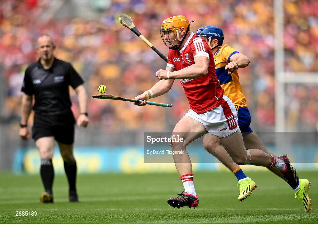 21 July 2024; Shane Barrett of Cork in action against Conor Leen of Clare during the GAA Hurling All-Ireland Senior Championship Final between Clare and Cork at Croke Park in Dublin. Photo by David Fitzgerald/Sportsfile