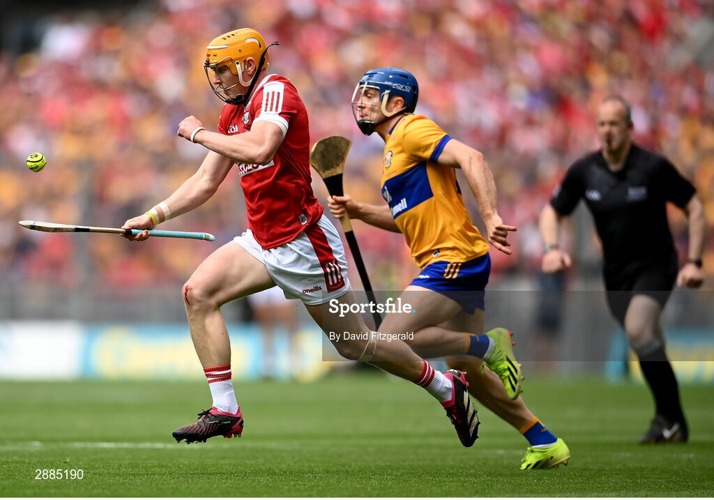 21 July 2024; Shane Barrett of Cork in action against Conor Leen of Clare during the GAA Hurling All-Ireland Senior Championship Final between Clare and Cork at Croke Park in Dublin. Photo by David Fitzgerald/Sportsfile