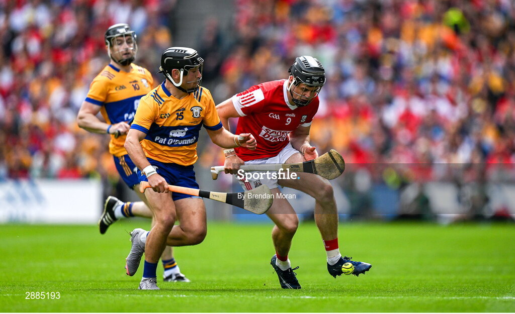 21 July 2024; Darragh Fitzgibbon of Cork in action against David Reidy of Clare during the GAA Hurling All-Ireland Senior Championship Final between Clare and Cork at Croke Park in Dublin. Photo by Brendan Moran/Sportsfile