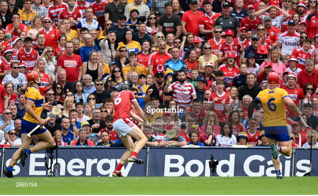 21 July 2024; Robert Downey of Cork shoots to score his side's first goal during the GAA Hurling All-Ireland Senior Championship Final between Clare and Cork at Croke Park in Dublin. Photo by Stephen McCarthy/Sportsfile