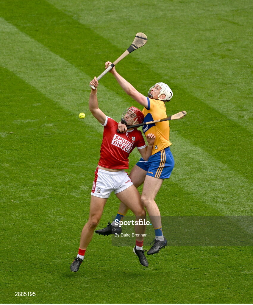 21 July 2024; Brian Hayes of Cork in action against Conor Cleary of Clare during the GAA Hurling All-Ireland Senior Championship Final between Clare and Cork at Croke Park in Dublin. Photo by Daire Brennan/Sportsfile