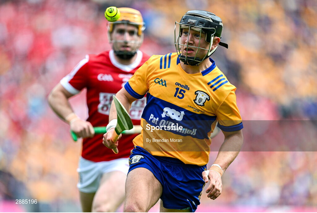 21 July 2024; David Reidy of Clare in action against Niall O'Leary of Cork during the GAA Hurling All-Ireland Senior Championship Final between Clare and Cork at Croke Park in Dublin. Photo by Brendan Moran/Sportsfile