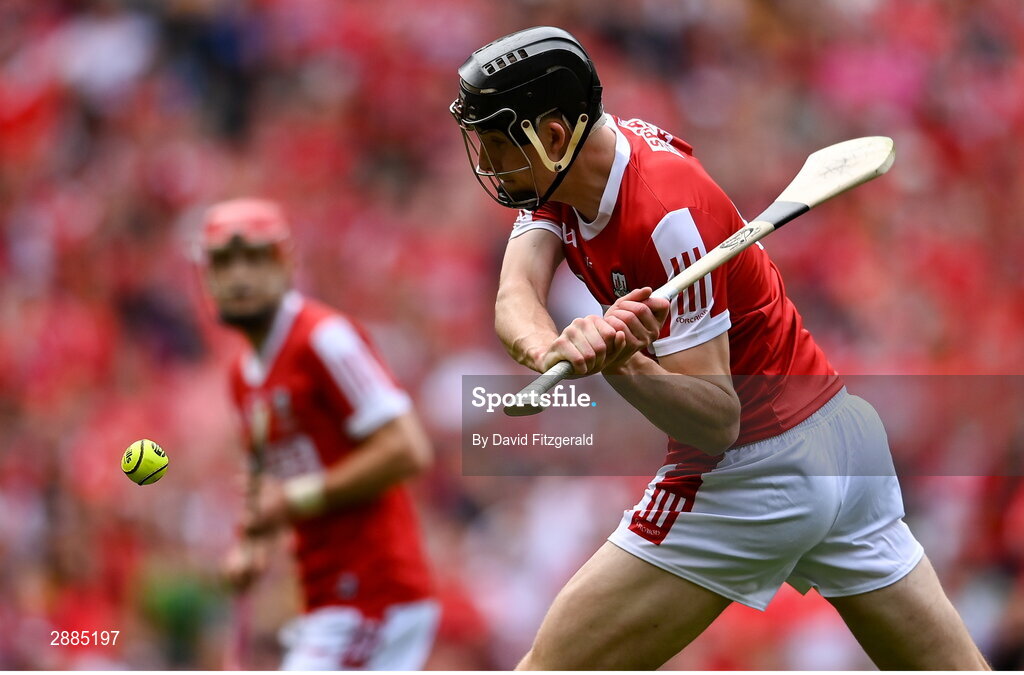 21 July 2024; Robert Downey of Cork scores his side's first goal during the GAA Hurling All-Ireland Senior Championship Final between Clare and Cork at Croke Park in Dublin. Photo by David Fitzgerald/Sportsfile