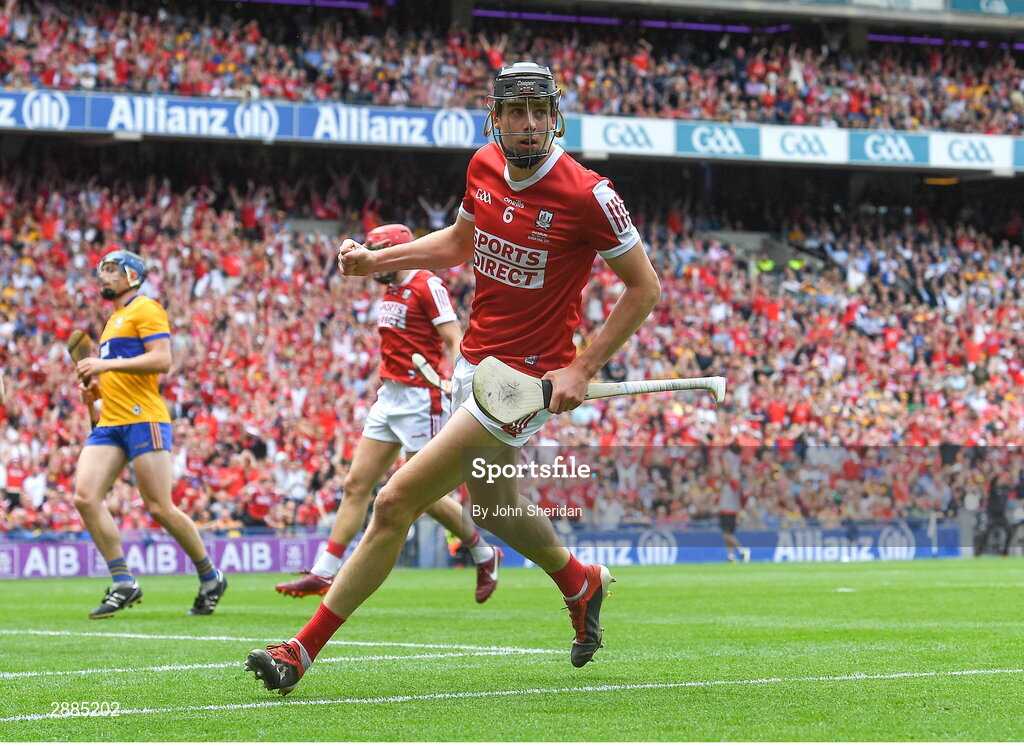 21 July 2024; Robert Downey of Cork celebrates after scoring his side's first goal during the GAA Hurling All-Ireland Senior Championship Final between Clare and Cork at Croke Park in Dublin. Photo by John Sheridan/Sportsfile