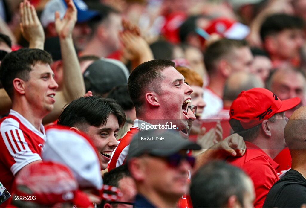 21 July 2024; Cork supporters celebrate their side's first goal during the GAA Hurling All-Ireland Senior Championship Final match between Clare and Cork at Croke Park in Dublin. Photo by Seb Daly/Sportsfile