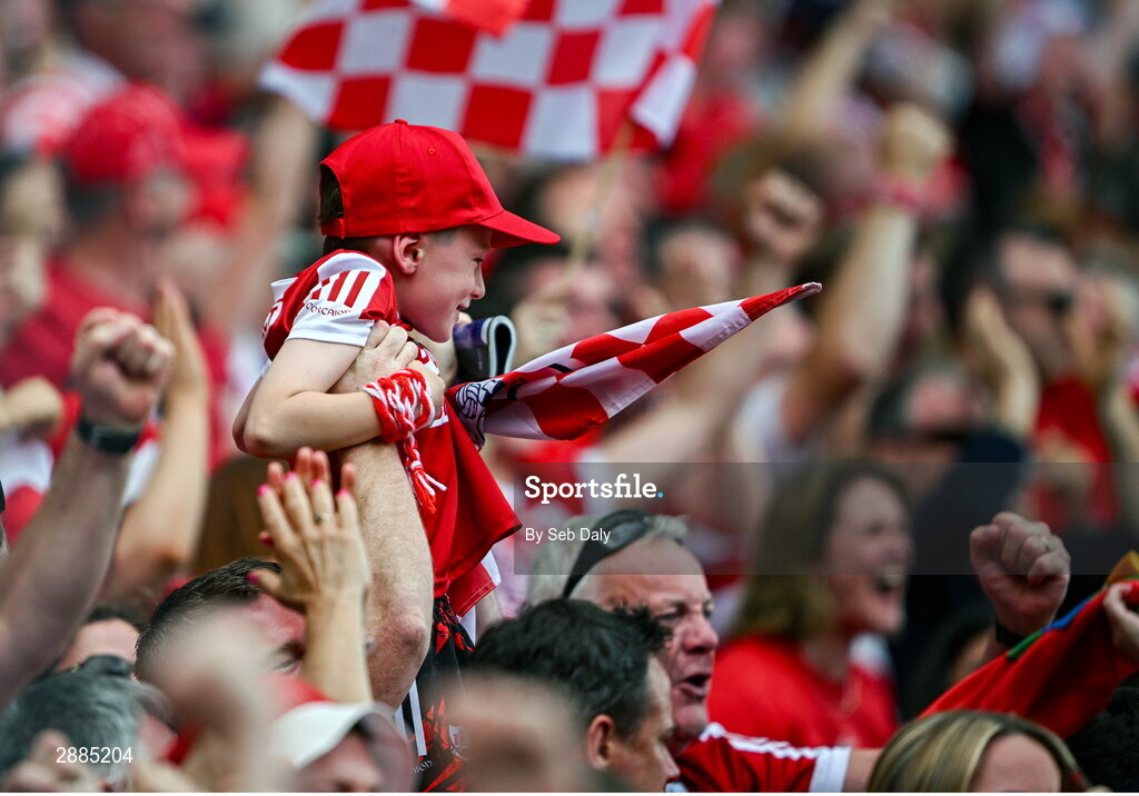 21 July 2024; Cork supporters celebrate their side's first goal during the GAA Hurling All-Ireland Senior Championship Final match between Clare and Cork at Croke Park in Dublin. Photo by Seb Daly/Sportsfile