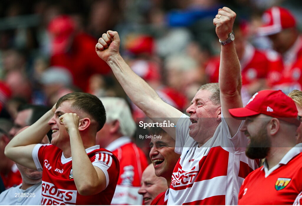 21 July 2024; Cork supporters celebrate their side's first goal during the GAA Hurling All-Ireland Senior Championship Final match between Clare and Cork at Croke Park in Dublin. Photo by Seb Daly/Sportsfile