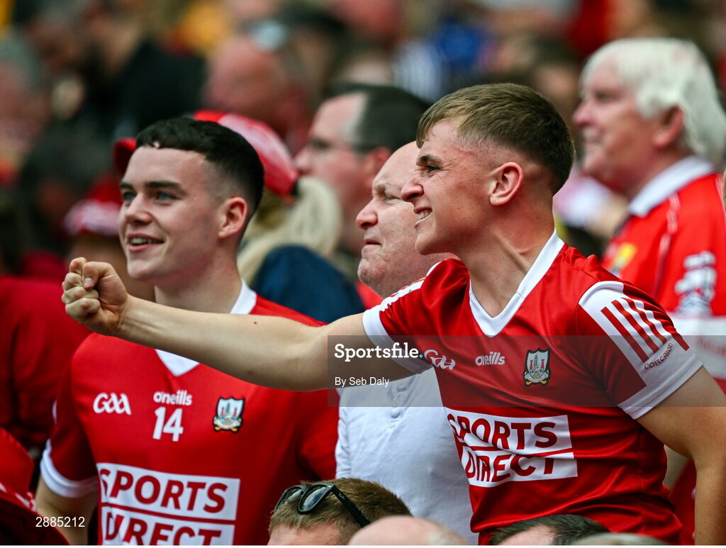21 July 2024; Cork supporters celebrate their side's first goal during the GAA Hurling All-Ireland Senior Championship Final match between Clare and Cork at Croke Park in Dublin. Photo by Seb Daly/Sportsfile