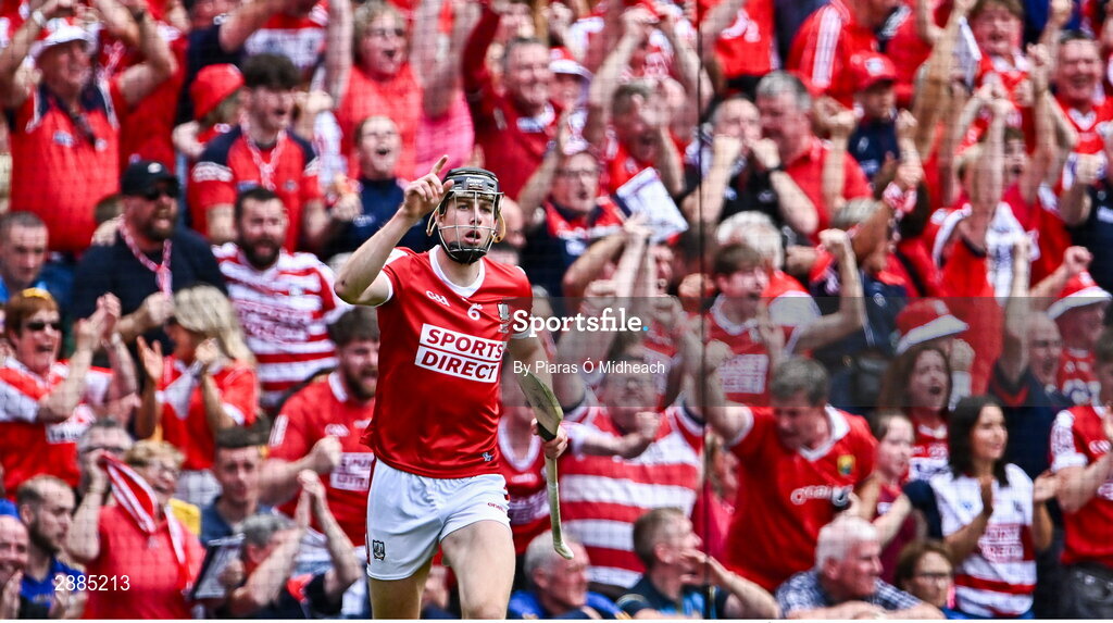21 July 2024; Robert Downey of Cork celebrates scoring his side's first goal during the GAA Hurling All-Ireland Senior Championship Final between Clare and Cork at Croke Park in Dublin. Photo by Piaras Ó Mídheach/Sportsfile
