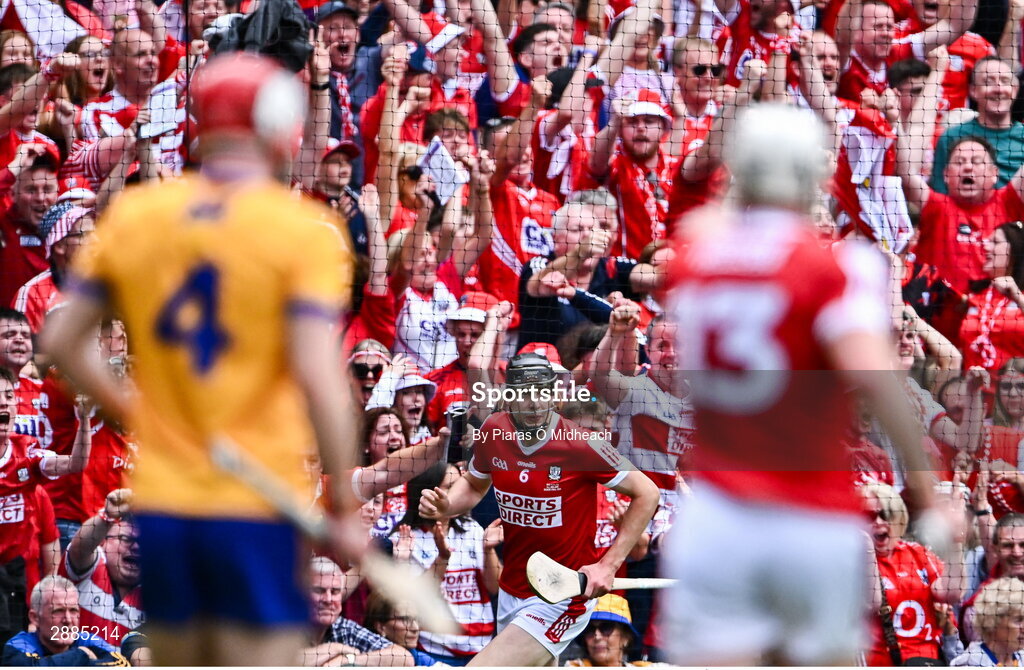 21 July 2024; Robert Downey of Cork celebrates scoring his side's first goal during the GAA Hurling All-Ireland Senior Championship Final between Clare and Cork at Croke Park in Dublin. Photo by Piaras Ó Mídheach/Sportsfile