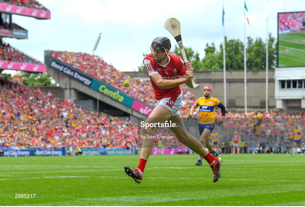 21 July 2024; Robert Downey of Cork shoots to score his side's first goal during the GAA Hurling All-Ireland Senior Championship Final between Clare and Cork at Croke Park in Dublin. Photo by John Sheridan/Sportsfile