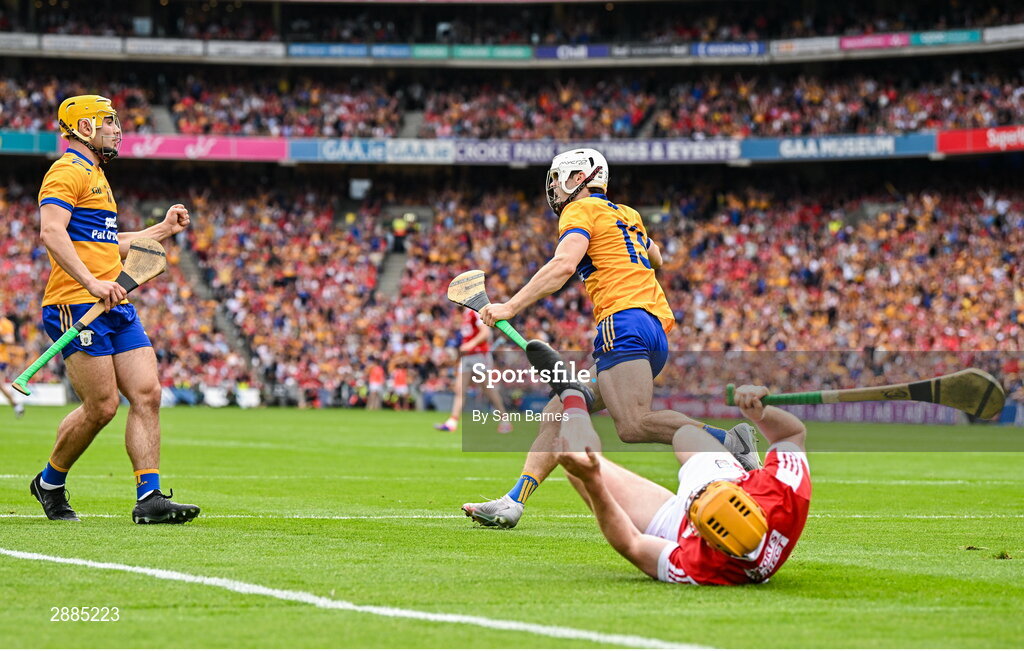 21 July 2024; Aidan McCarthy of Clare celebrates after scoring his side's first goal during the GAA Hurling All-Ireland Senior Championship Final between Clare and Cork at Croke Park in Dublin. Photo by Sam Barnes/Sportsfile