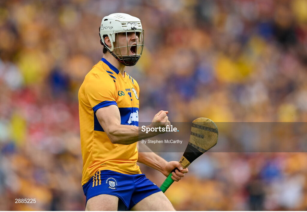 21 July 2024; Aidan McCarthy of Clare celebrates after scoring his side's first goal during the GAA Hurling All-Ireland Senior Championship Final between Clare and Cork at Croke Park in Dublin. Photo by Stephen McCarthy/Sportsfile