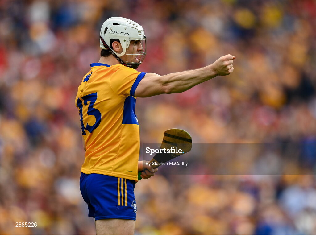 21 July 2024; Aidan McCarthy of Clare celebrates after scoring his side's first goal during the GAA Hurling All-Ireland Senior Championship Final between Clare and Cork at Croke Park in Dublin. Photo by Stephen McCarthy/Sportsfile