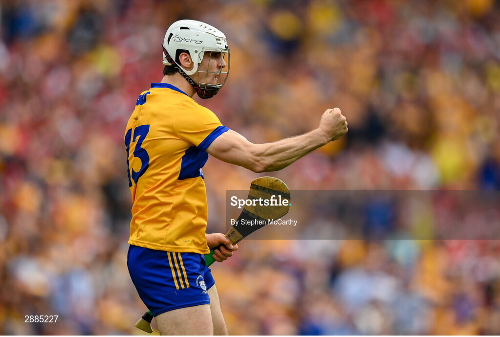 21 July 2024; Aidan McCarthy of Clare celebrates after scoring his side's first goal during the GAA Hurling All-Ireland Senior Championship Final between Clare and Cork at Croke Park in Dublin. Photo by Stephen McCarthy/Sportsfile