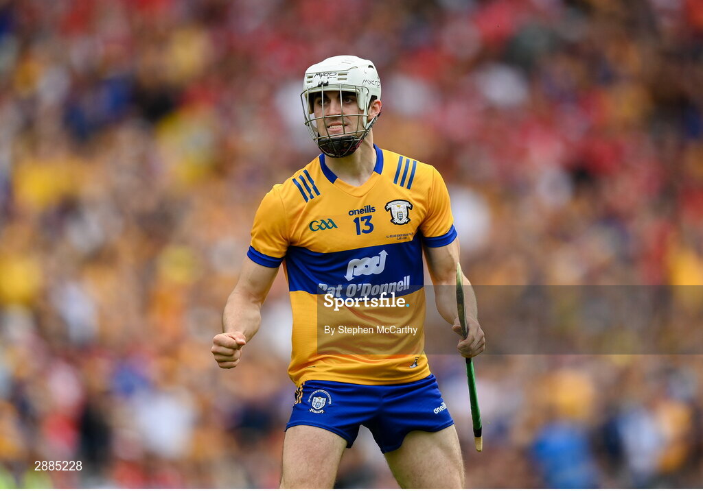 21 July 2024; Aidan McCarthy of Clare celebrates after scoring his side's first goal during the GAA Hurling All-Ireland Senior Championship Final between Clare and Cork at Croke Park in Dublin. Photo by Stephen McCarthy/Sportsfile