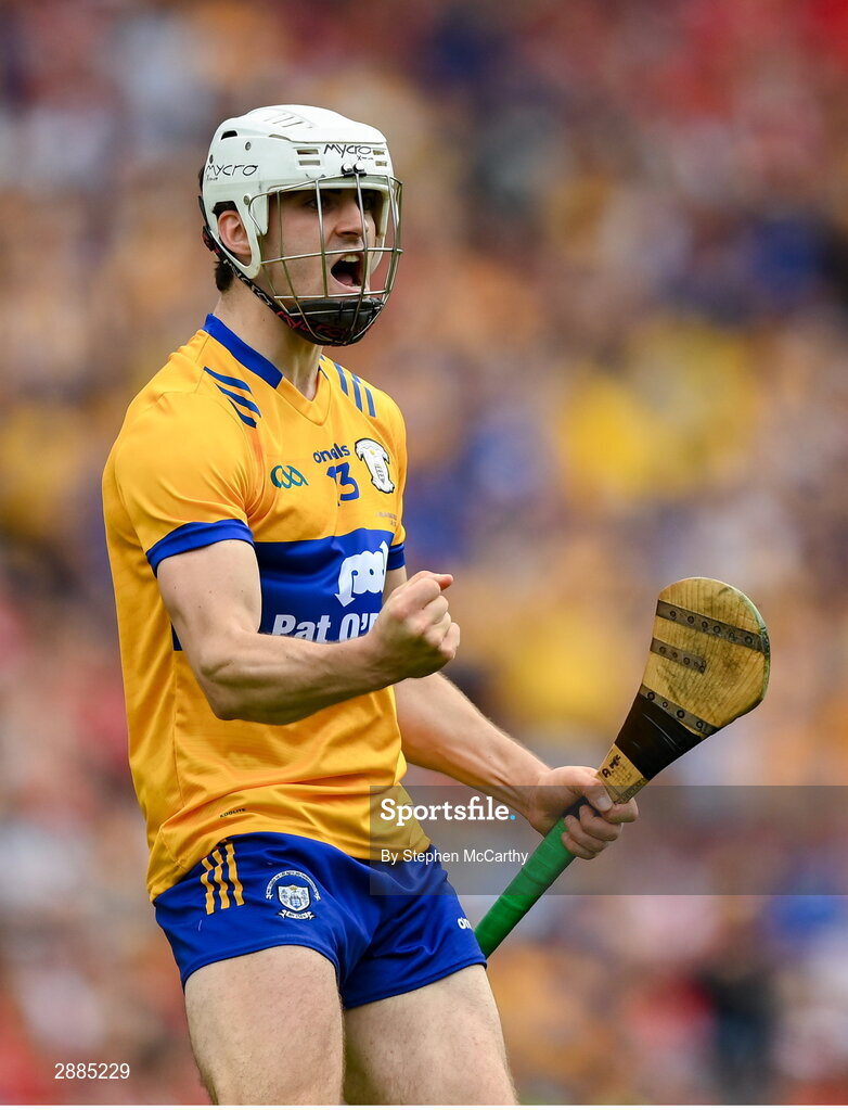 21 July 2024; Aidan McCarthy of Clare celebrates after scoring his side's first goal during the GAA Hurling All-Ireland Senior Championship Final between Clare and Cork at Croke Park in Dublin. Photo by Stephen McCarthy/Sportsfile