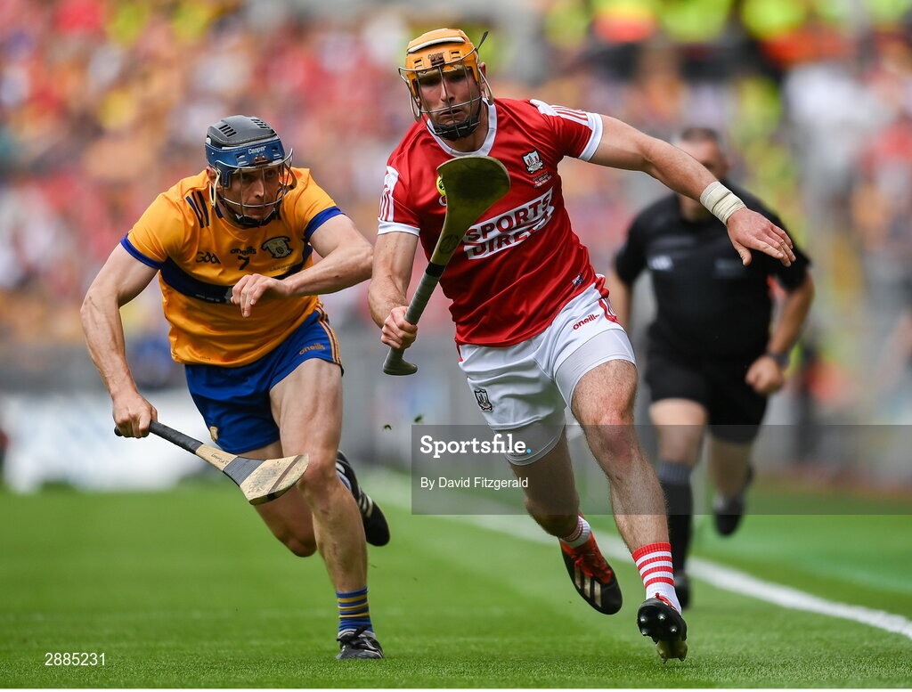 21 July 2024; Declan Dalton of Cork in action against David McInerney of Clare during the GAA Hurling All-Ireland Senior Championship Final between Clare and Cork at Croke Park in Dublin. Photo by David Fitzgerald/Sportsfile