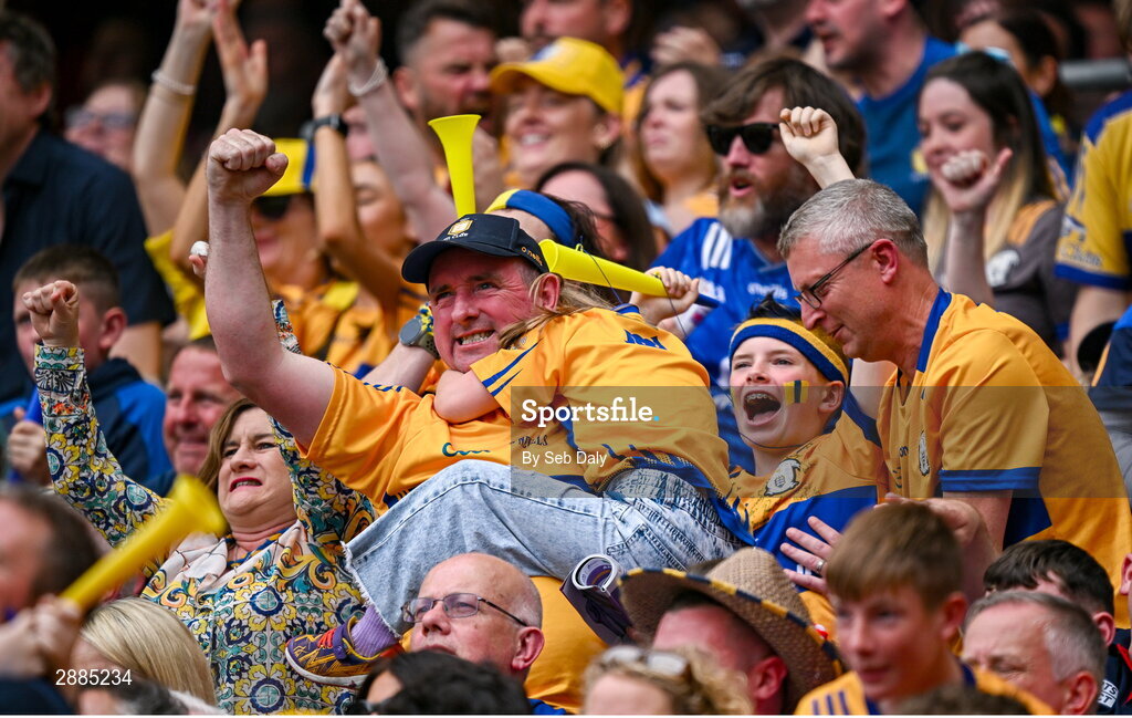 21 July 2024; Clare supporters celebrate their side's first goal during the GAA Hurling All-Ireland Senior Championship Final match between Clare and Cork at Croke Park in Dublin. Photo by Seb Daly/Sportsfile