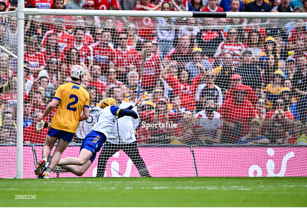 21 July 2024; Clare goalkeeper Eibhear Quilligan is beaten for Cork's first goal, scored by Robert Downey of Cork, not pictured, during the GAA Hurling All-Ireland Senior Championship Final between Clare and Cork at Croke Park in Dublin. Photo by Piaras Ó Mídheach/Sportsfile