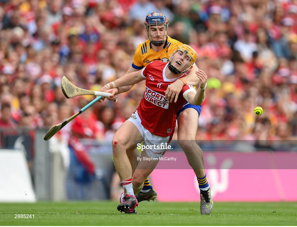 21 July 2024; Shane Barrett of Cork is tackled by David Fitzgerald of Clare during the GAA Hurling All-Ireland Senior Championship Final between Clare and Cork at Croke Park in Dublin. Photo by Stephen McCarthy/Sportsfile