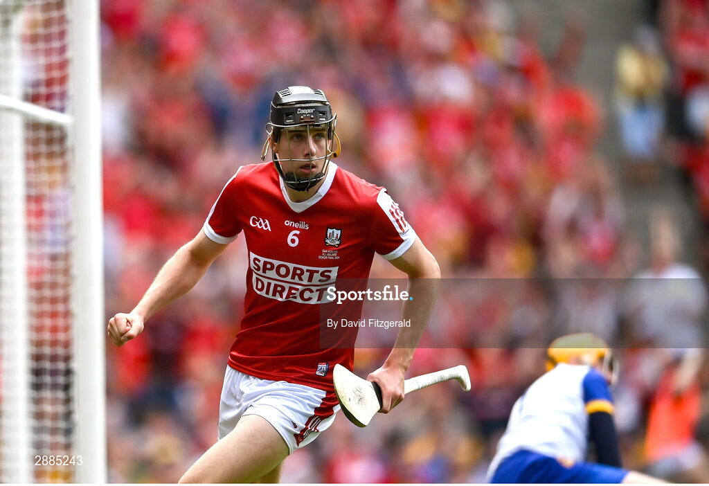 21 July 2024; Robert Downey of Cork celebrates after scoring his side's first goal during the GAA Hurling All-Ireland Senior Championship Final between Clare and Cork at Croke Park in Dublin. Photo by David Fitzgerald/Sportsfile
