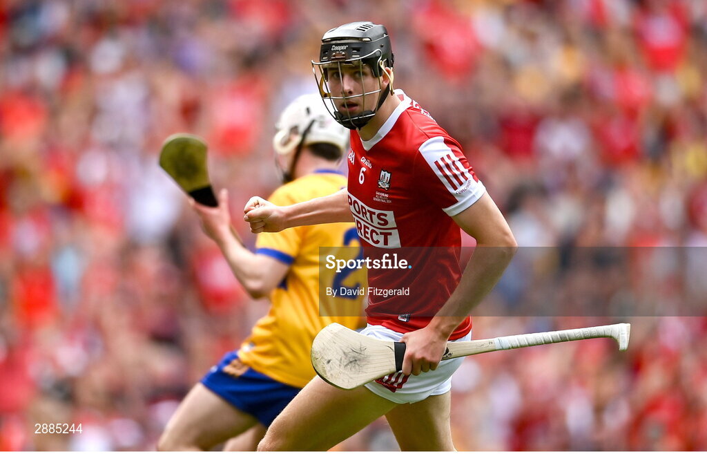 21 July 2024; Robert Downey of Cork celebrates after scoring his side's first goal during the GAA Hurling All-Ireland Senior Championship Final between Clare and Cork at Croke Park in Dublin. Photo by David Fitzgerald/Sportsfile