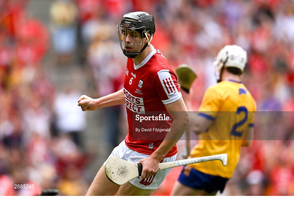 21 July 2024; Robert Downey of Cork celebrates after scoring his side's first goal during the GAA Hurling All-Ireland Senior Championship Final between Clare and Cork at Croke Park in Dublin. Photo by David Fitzgerald/Sportsfile