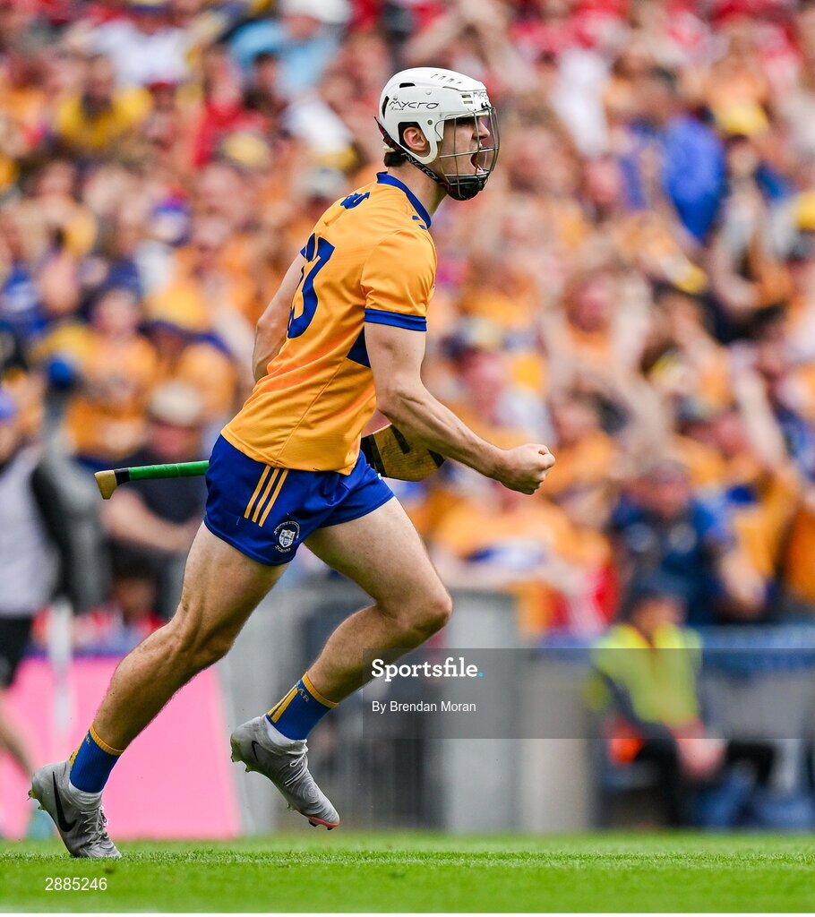 21 July 2024; Aidan McCarthy of Clare celebrates after scoring his side's first goal during the GAA Hurling All-Ireland Senior Championship Final between Clare and Cork at Croke Park in Dublin. Photo by Brendan Moran/Sportsfile