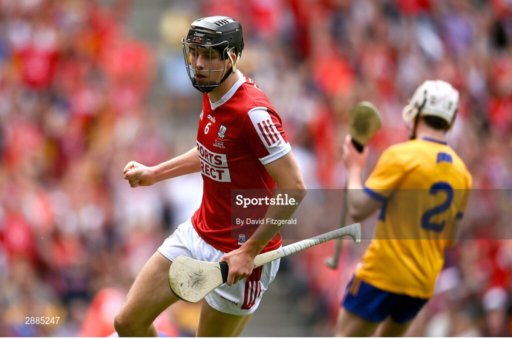 21 July 2024; Robert Downey of Cork celebrates after scoring his side's first goal during the GAA Hurling All-Ireland Senior Championship Final between Clare and Cork at Croke Park in Dublin. Photo by David Fitzgerald/Sportsfile