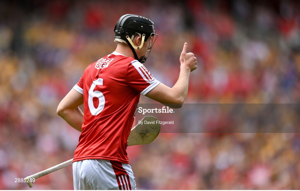 21 July 2024; Robert Downey of Cork celebrates after scoring his side's first goal during the GAA Hurling All-Ireland Senior Championship Final between Clare and Cork at Croke Park in Dublin. Photo by David Fitzgerald/Sportsfile