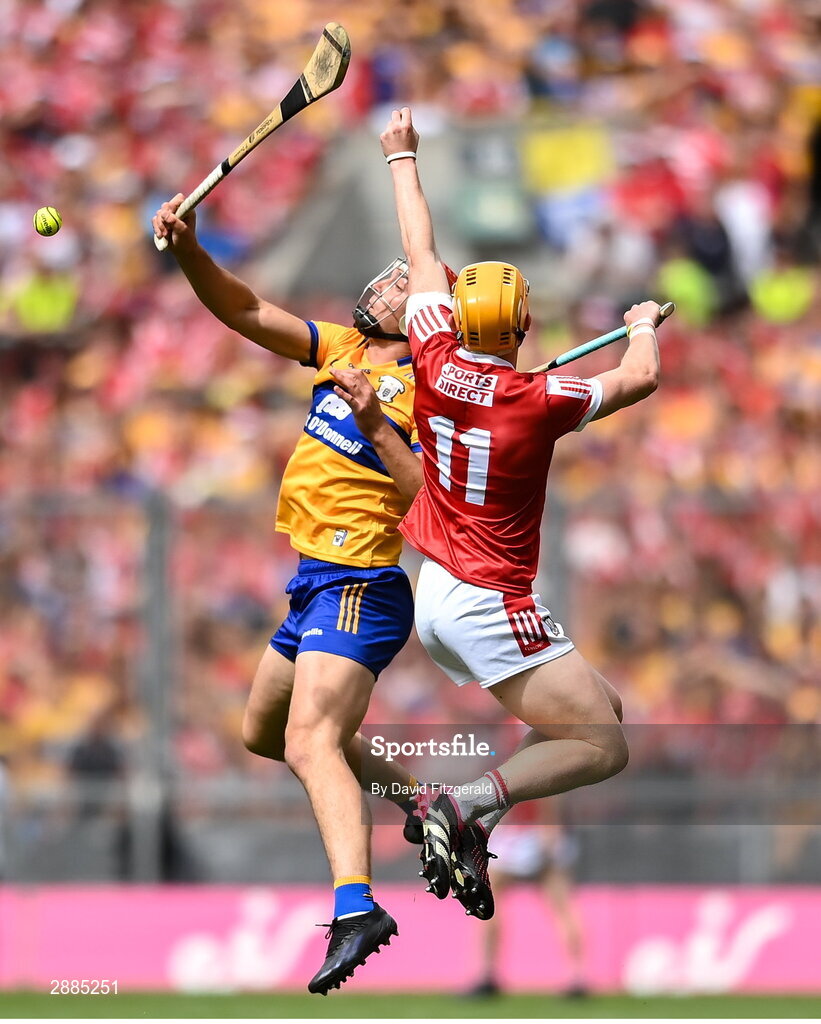 21 July 2024; Peter Duggan of Clare in action against Shane Barrett of Cork during the GAA Hurling All-Ireland Senior Championship Final between Clare and Cork at Croke Park in Dublin. Photo by David Fitzgerald/Sportsfile