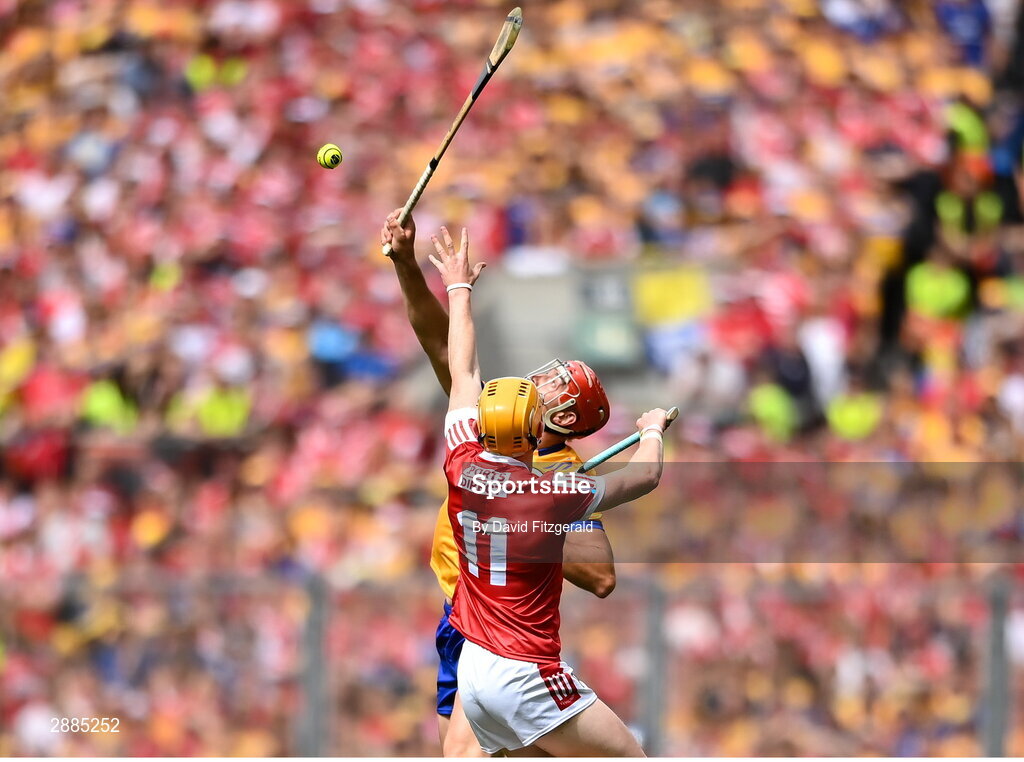 21 July 2024; Peter Duggan of Clare in action against Shane Barrett of Cork during the GAA Hurling All-Ireland Senior Championship Final between Clare and Cork at Croke Park in Dublin. Photo by David Fitzgerald/Sportsfile