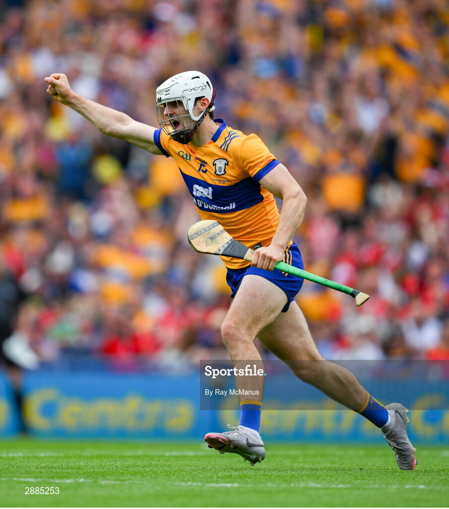 21 July 2024; Aidan McCarthy of Clare celebrates his 17th minute goalk during the GAA Hurling All-Ireland Senior Championship Final between Clare and Cork at Croke Park in Dublin. Photo by Ray McManus/Sportsfile