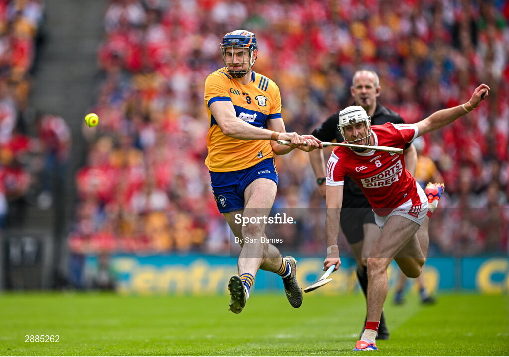 21 July 2024; David Fitzgerald of Clare in action against Tim O'Mahony of Cork during the GAA Hurling All-Ireland Senior Championship Final between Clare and Cork at Croke Park in Dublin. Photo by Sam Barnes/Sportsfile