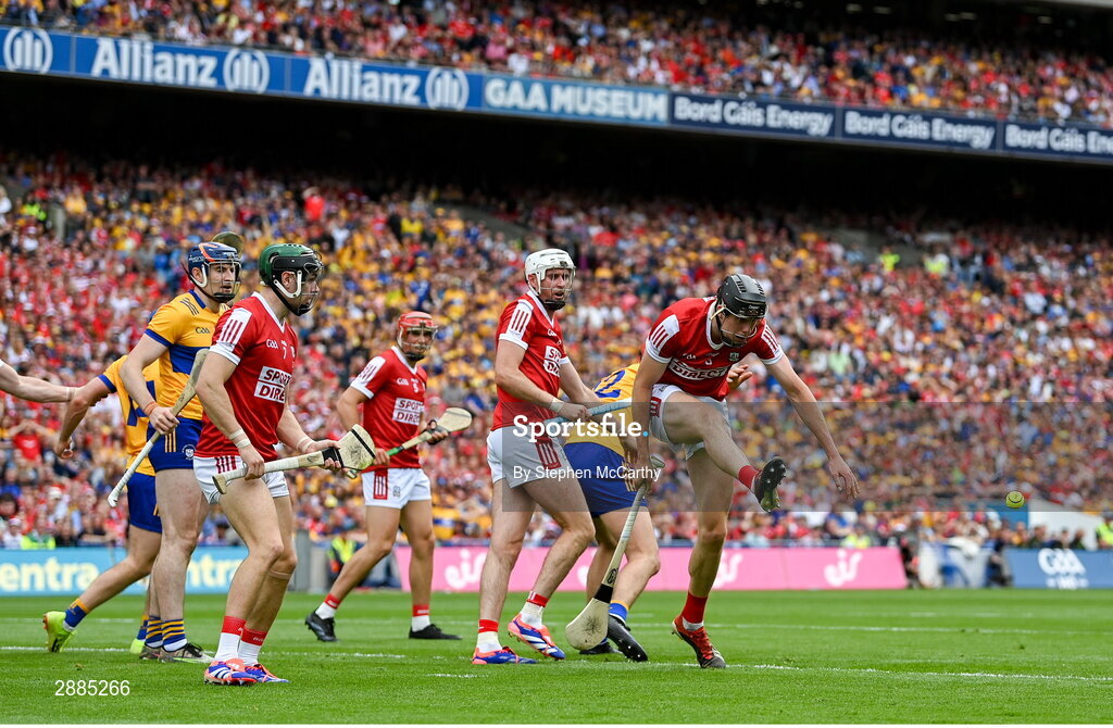 21 July 2024; Robert Downey of Cork kicks the sliothar clear during the GAA Hurling All-Ireland Senior Championship Final between Clare and Cork at Croke Park in Dublin. Photo by Stephen McCarthy/Sportsfile