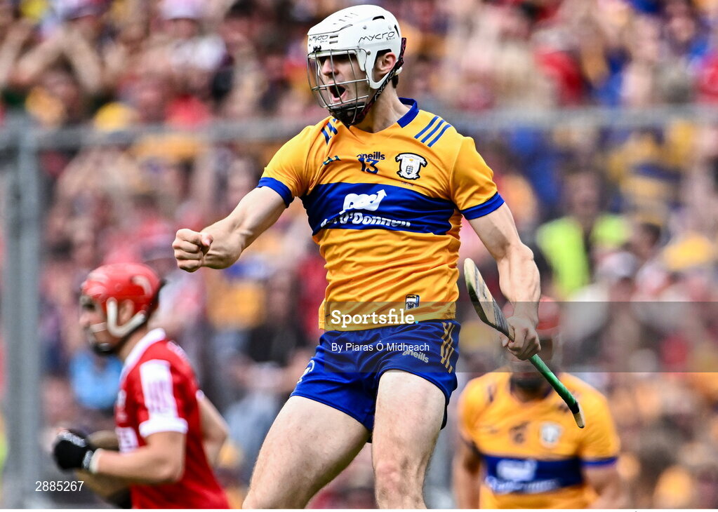 21 July 2024; Aidan McCarthy of Clare celebrates scoring his side's first goal during the GAA Hurling All-Ireland Senior Championship Final between Clare and Cork at Croke Park in Dublin. Photo by Piaras Ó Mídheach/Sportsfile