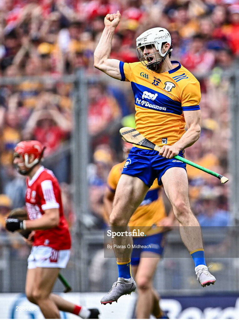 21 July 2024; Aidan McCarthy of Clare celebrates scoring his side's first goal during the GAA Hurling All-Ireland Senior Championship Final between Clare and Cork at Croke Park in Dublin. Photo by Piaras Ó Mídheach/Sportsfile