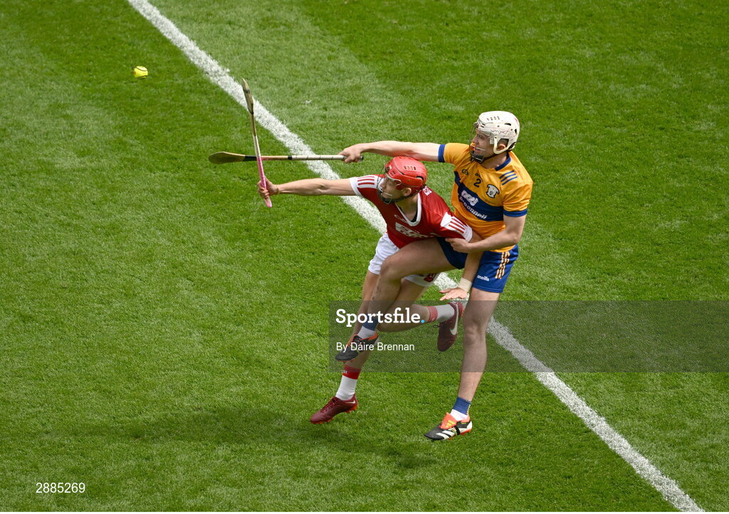 21 July 2024; Alan Connolly of Cork in action against Adam Hogan of Clare during the GAA Hurling All-Ireland Senior Championship Final between Clare and Cork at Croke Park in Dublin. Photo by Daire Brennan/Sportsfile