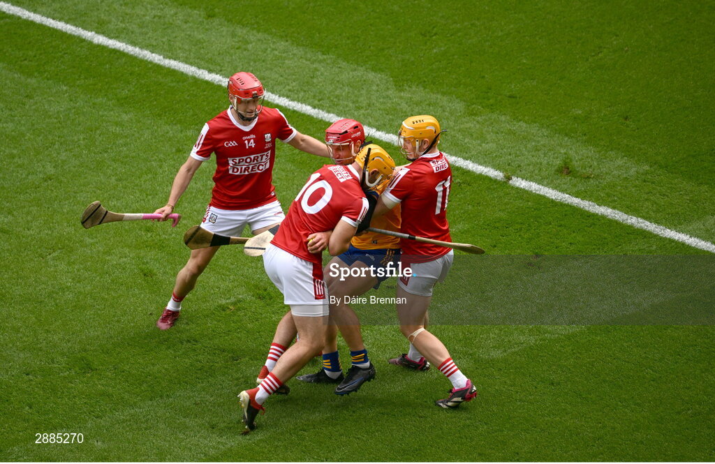 21 July 2024; John Conlon of Clare in action against Cork players, left to right, Alan Connolly, Declan Dalton, and Shane Barrett during the GAA Hurling All-Ireland Senior Championship Final between Clare and Cork at Croke Park in Dublin. Photo by Daire Brennan/Sportsfile